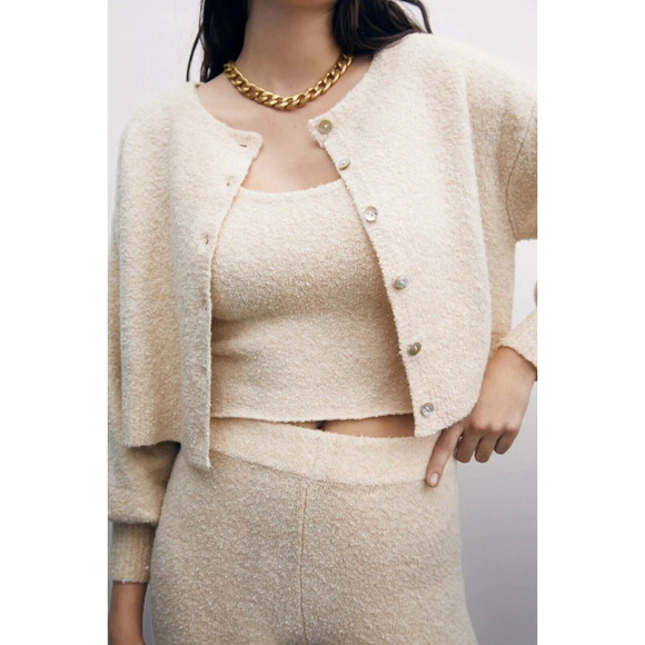 Zara 3 Pc Baby Blue Cardigan Crop Top Pants Textured Outfit Sz S - Picture 12 of 13
